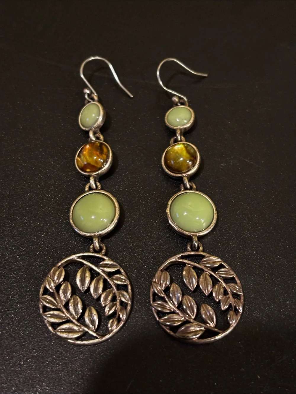 Green and Amber Drop Earrings with Leaf Medallion